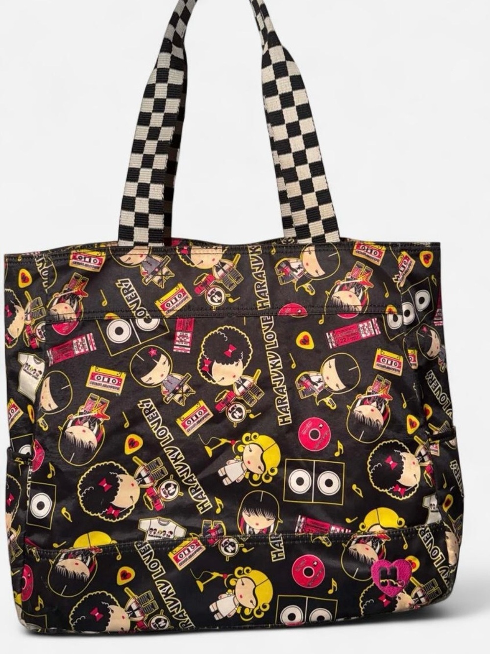 Harajuku Lovers Black Graphic Tote with Checkerboard Handles